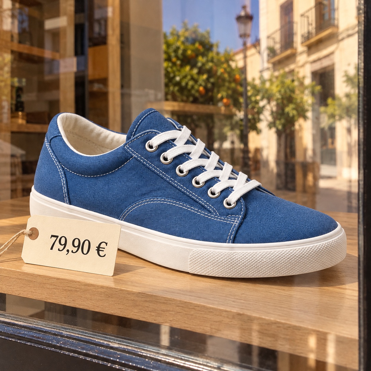 Zapatilla azul de lona en el escaparate de una tienda local